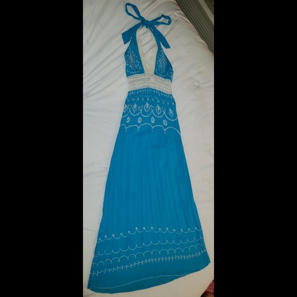 Blue Floral Crochet Halter Summer Dress - Picture 2 of 2